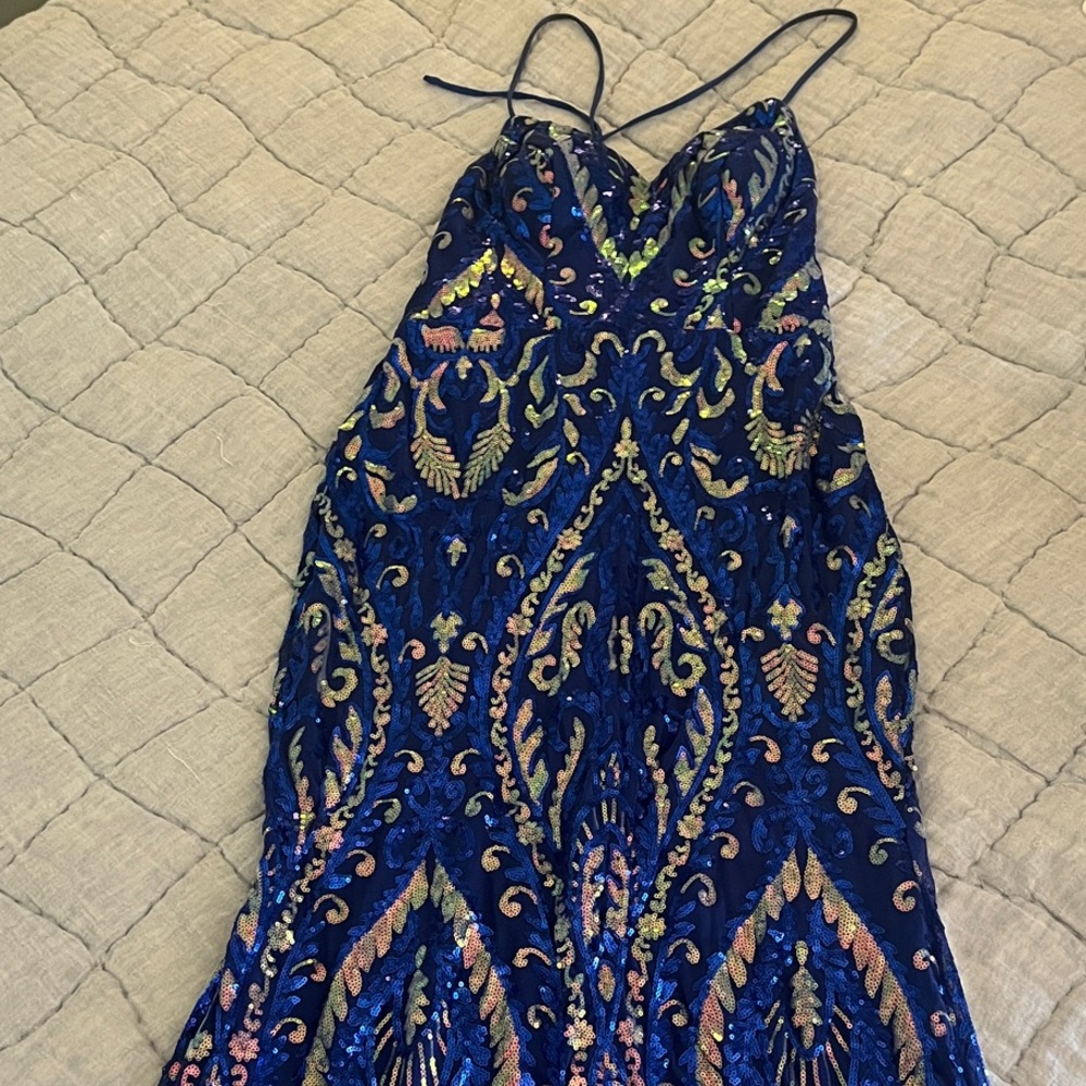 Stunning Blue and Iridescent Gold Embroidered Gown